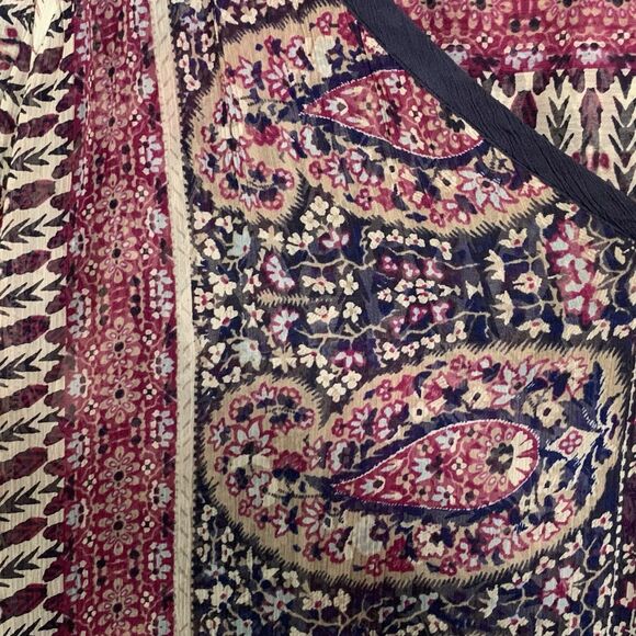 Lucky Brand Semi Sheer Top Pull Over Dark Paisley Striped Scarf Print Hi Low - Picture 6 of 10